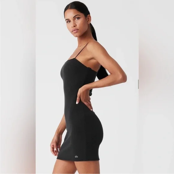 ALO Black Goddess Ribbed Spaghetti Strap Bodycon Mini Dress XS - Picture 2 of 5